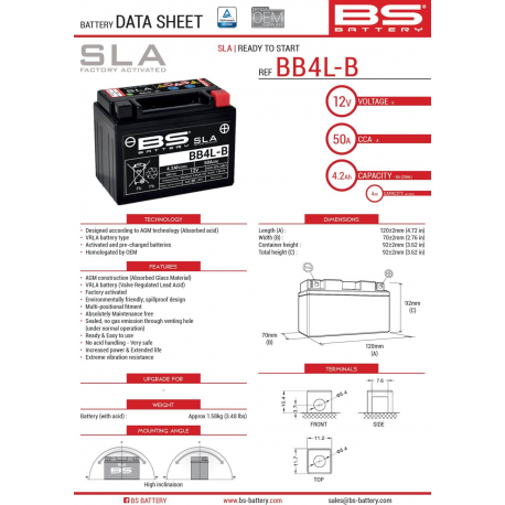 BS AKUMULATOR BB4L-B (FA) (YB4L-B) 12V 4AH 120X70X92 BEZOBSŁUGOWY - ZALANY (50A) (8)