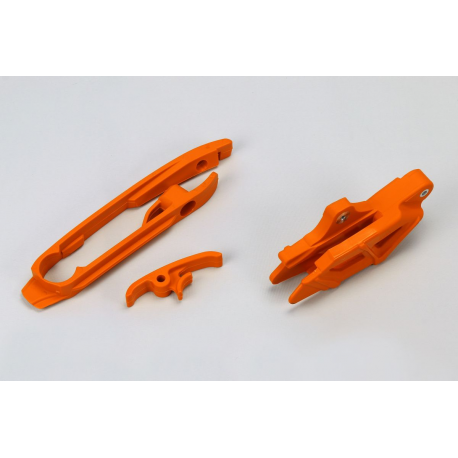 UFO 2021/10 KOMPLET SLIZG + PROWADNICA ŁAŃCUCHA KTM SX 125/150/250, SX-F 250/350/450 '11-15, SX 250 '16, KOLOR POMARAŃCZOWY