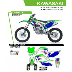 UFO 2022/06 KOMPLET NAKLEJEK (OKLEIN) KAWASAKI KXF 250 '21-'22 PATRIOT KOLOR OEM (ZIELONY/NIEBIESKI)