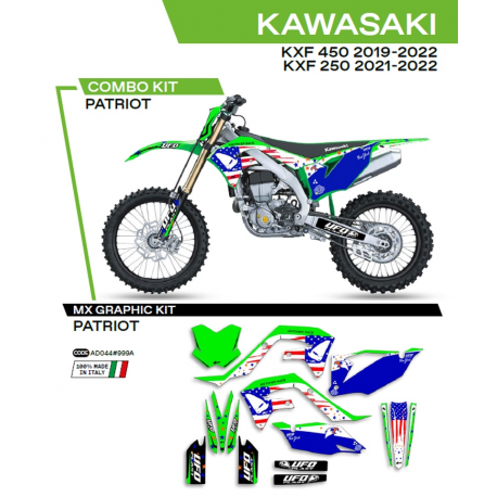 UFO 2022/06 KOMPLET NAKLEJEK (OKLEIN) KAWASAKI KXF 250 '21-'22 PATRIOT KOLOR OEM (ZIELONY/NIEBIESKI)