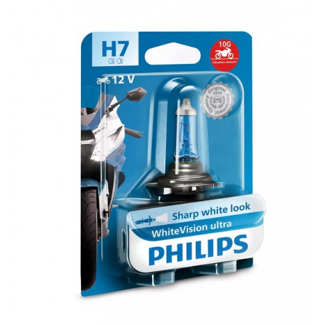 PHILIPS ŻARÓWKA MOTOCYKLOWA H7 12V 55W PX26D WHITE VISION ULTRA MOTO (EFEKT INTENSYWNEJ BIELI - ODPORNA NA WIBRACJE - HOMOLOGACJ