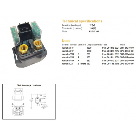 DZE PRZEKAŹNIK ROZRUSZNIKA YAMAHA WR 250R '08-'20 XTZ 660 TENERE '11-'15 FJR 1300 '08-'24 (12V/150A)