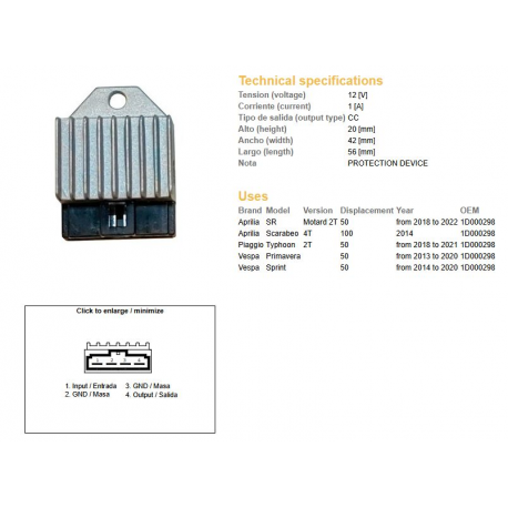 DZE REGULATOR NAPIECIA APRILIA SR 50 '18-'22 50 TYPHON '13-'20 100 TYPHON '14- VESPA