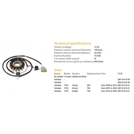 DZE UZWOJENIE ALTERNATORA STATOR YAMAHA YFM 550 GRIZZLY '09-'14 YFM 700 GRIZZLY '07-'20 YFM 700 KODIAK '19-'20 (OEM 28P-81410-00