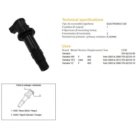DZE CEWKA ZAPŁONOWA YAMAHA YFZ 450R '04-'13 WR 450F '03-'09 YZ 450F '03-'09 (OEM 5TA-82310-00)