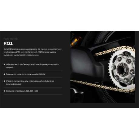 TSUBAKI ŁAŃCUCH NAPĘDOWY 520 RQ1 114 PROFESSIONAL ROAD X-RING CHAIN KOLOR ZŁOTO CZARNY G&B (114 OGNIW, OTWARTY ZAKUWKA W ZESTAWI