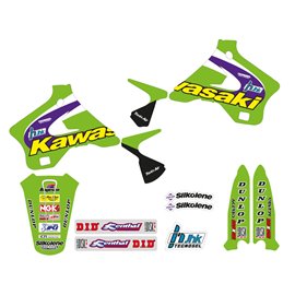 Tecnosel, kompletní sada polepů + potah sedla, Kawasaki KX 125/250 '94-'98, Replica Team Kawasaki '98