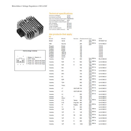 DZE, regulátor napětí, Yamaha YZF R6 '99-'02, R1 '98-'01, TDM850 '96-'01 (35A) (ESR261,RGU-209,CL650A-12)