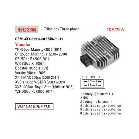 DZE, regulátor napětí, Yamaha XVS 1100 '03-'08, R6 '06-'10, XVZ1300 '99-'08 (OEM-4XY-81960-00) (ESR135)
