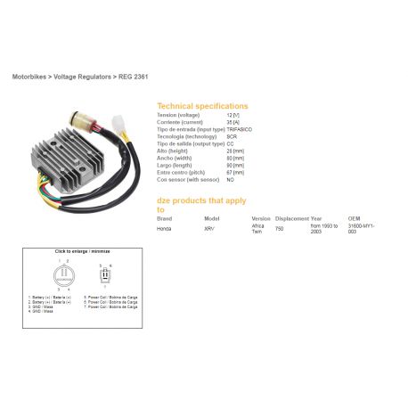 DZE, regulator napětí, Honda XRV 750 93-00 (35A) (31600-MY1-003) (ESR672, RGU-125)