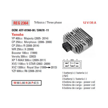 DZE, regulator napětí, Yamaha XVS 1100 '03-'08, R6 '06-'10, XVZ1300 '99-'08 (OEM-4XY-81960-00) (ESR135)