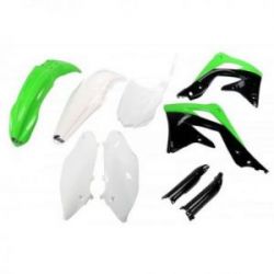 UFO KOMPLET PLASTIKÓW (FULL KIT) Z OSŁONAMI TELESKOPÓW (AMORTYZATORÓW) KAWASAKI KXF 450 '13-'15 KOLOR OEM (ZIELONY/BIAŁY/CZARNY)