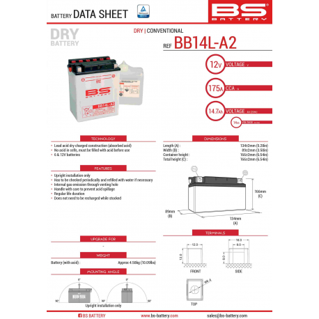 BS AKUMULATOR BB14L-A2 (YB14L-A2) 12V 14AH 135X91X167 Z ELEKTROLITEM OSOBNO - KONWENCJONALNY (175A) (4) UE2019/1148