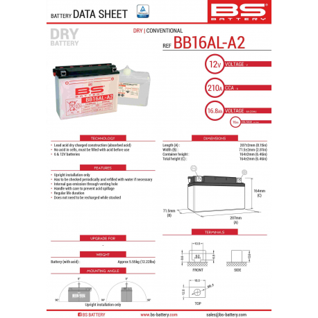 BS AKUMULATOR BB16AL-A2 (YB16ALA2) 12V 16AH 205X71X164 Z ELEKTROLITEM OSOBNO - KONWENCJONALNY (175A) (3) UE2019/1148
