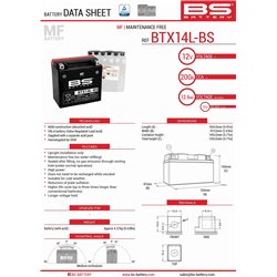 BS, akumulátor BTX14L-BS (YTX14L-BS) 150X87X145, bezúdržbový - elektrolyt samostatně (4) UE2019/1148