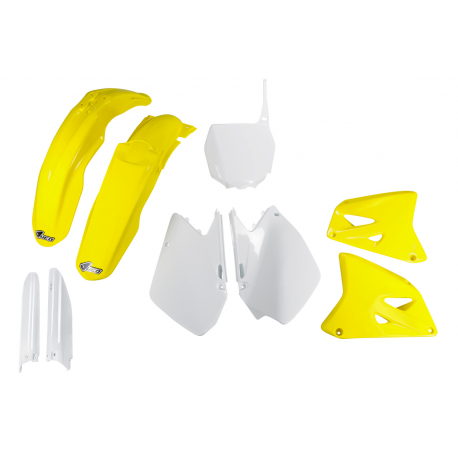 UFO 2024/11 KOMPLET PLASTIKÓW (FULL KIT) Z OSŁONAMI TELESKOPÓW (AMORTYZATORÓW) SUZUKI RM 125 / 250 '06-'24 KOLOR OEM ( BIAŁY / Ż