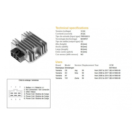 DZE REGULATOR NAPIĘCIA YAMAHA CE 50 JOG '07-'17 XC 50 VINO '08-'14 XF 50 '06-'14 YW 50 ZUMA '12-'17 (3B3-H1960-00) MOFSET (35A)