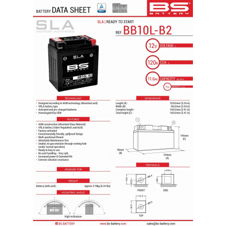 BS AKUMULATOR BB10L-B2 (FA) (YB10L-B2,YB10L-A2) 12V 11AH 136X91X146 BEZOBSŁUGOWY - ZALANY (160A) (4) - ZASTĘPUJE 300834