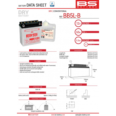 BS AKUMULATOR BB5L-B (YB5L-B) (12N5-3B) 12V 5AH 120X60X130 Z ELEKTROLITEM OSOBNO - KONWENCJONALNY (65A) (6) UE2019/1148